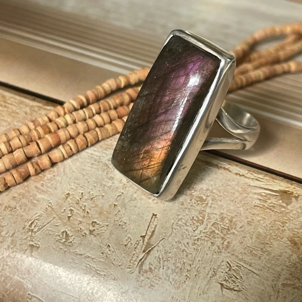 “BOHO” 925 Sterling Silver Natural Labradorite Ring | adjustable Ring - Picture 11 of 16
